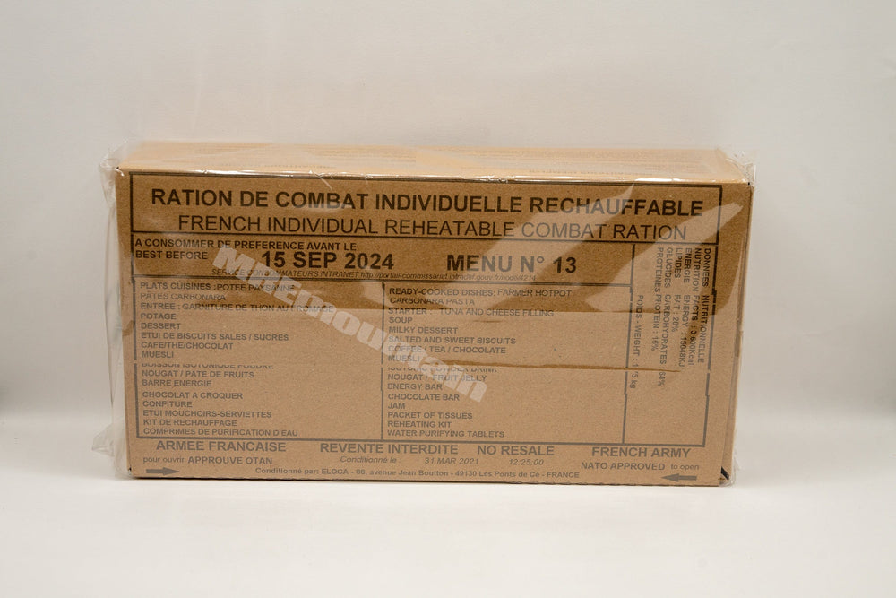 Paquete de ración de combate 24 horas RCIR de las Fuerzas Armadas francesas MRE